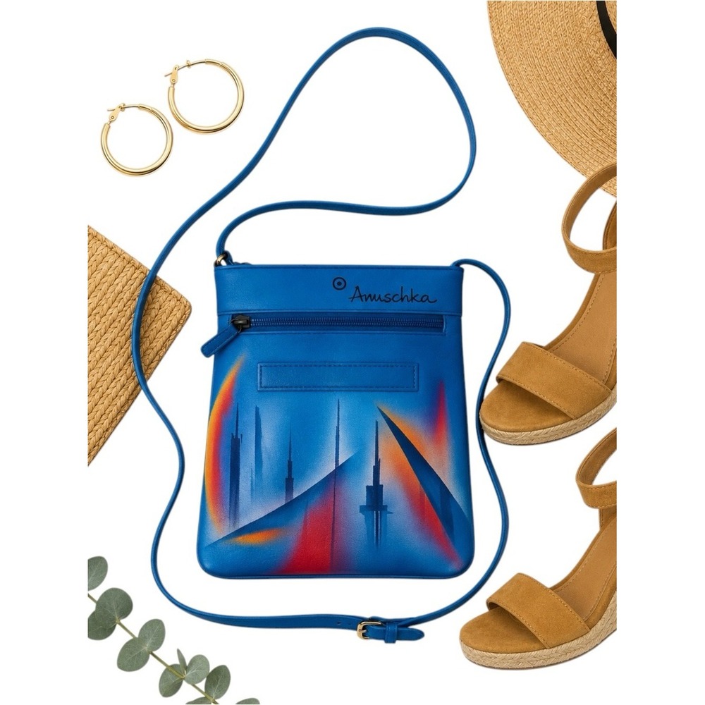 Anuschka Hand Painted Blue Leather RFID Crossbody Wearable Art Purse Bag 8.5x7"